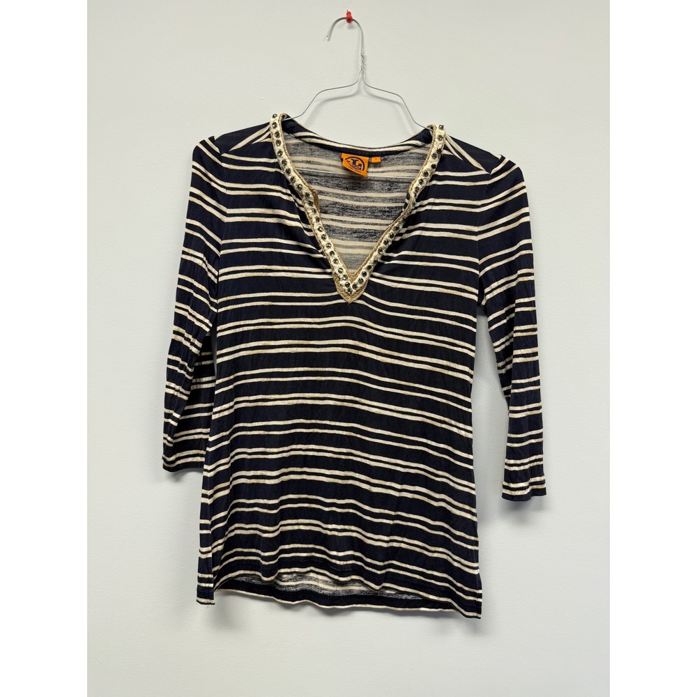 Tory Burch Silk Striped Embellished V-Neck Top Navy Cream Small 21132121